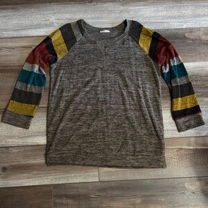 JODIFL Heather Gray Top with Multi-Color Stripe Raglan Sleeves